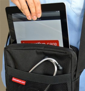 The iPad or tablet easily slides into the padded inside pocket.